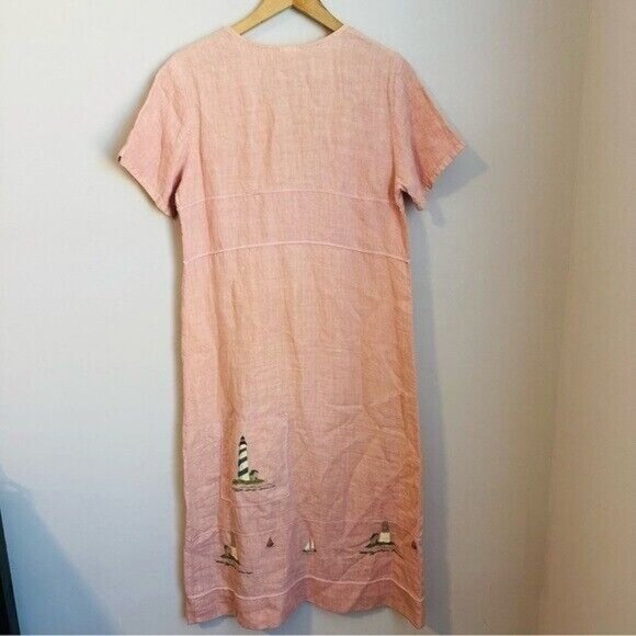 Vintage Donna Linen Maxi Peach Dress with lighthouses and sailor boats Sz Small - Picture 2 of 8
